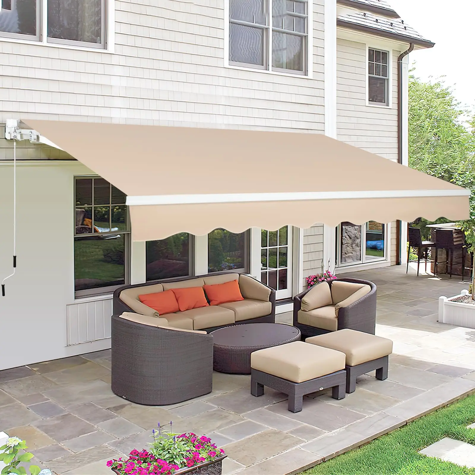 Manual Retractable Awning Water-Resistan Lounge Polyester Cover with Crank Handle, Outdoor for Patio Deck, Home, Backyard, Balcony Aesthetic Canopy Sh