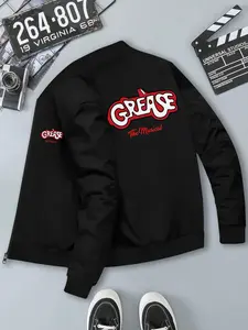 Men's Grease Movie Pattern Flight Jacket, Classic Biker Style, Vintage Car Print Zipper Coat, Ribbed Cuffs & Hem, Polyester, Casual Fall Winter Outerwear