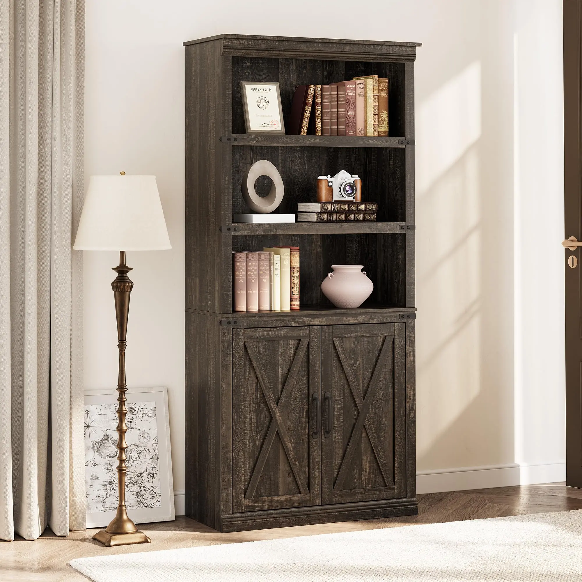 GARVEE Farmhouse Bookcases with Doors,  5 Tier Bookshelf with Storage, 70 inch Tall Bookshelf and Bookcase, Wooden Storage Cabinet for Living Room, Home, Office, Bedroom (Dark Oak)