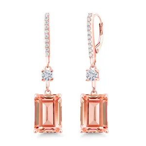 Gem Stone King 18K Rose Gold Plated Silver Emerald Cut Peach Nano Morganite and White Moissanite Dangle Earrings For Women | 13.36 Cttw | Emerald Cut 14X10MM