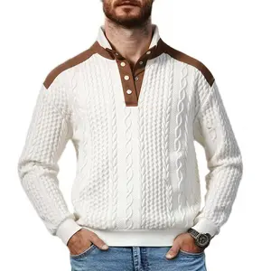 Men's Casual Cable Knit Jacket Off-White with Brown Stand Collar Retro Fashion Warm Top
