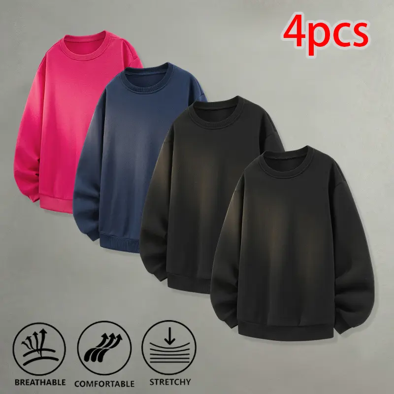 Men's 4-Pack Basic Crewneck Pullover Sweatshirts - Breathable, Stretchy Fabric, Multiple Colors - Essential for Casual Office Wear, Home Relaxing Versatile Tops