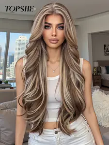 Topshe 28 Inch Piano Color Lace Front Full Head Wig, Long Curly Hair, High Temperature Resistant, Natural Comfort, Women's Daily Wear, Lace Frontal Wigs, Heat Resistant Wigs