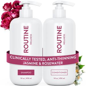 Routine Wellness Anti Thinning Jasmine & Rosewater Shampoo + Conditioner Set - Volumizing, Strengthening, Hair Growth Formula, Paraben Free, Sulfate Free, Vegan - 14 oz each