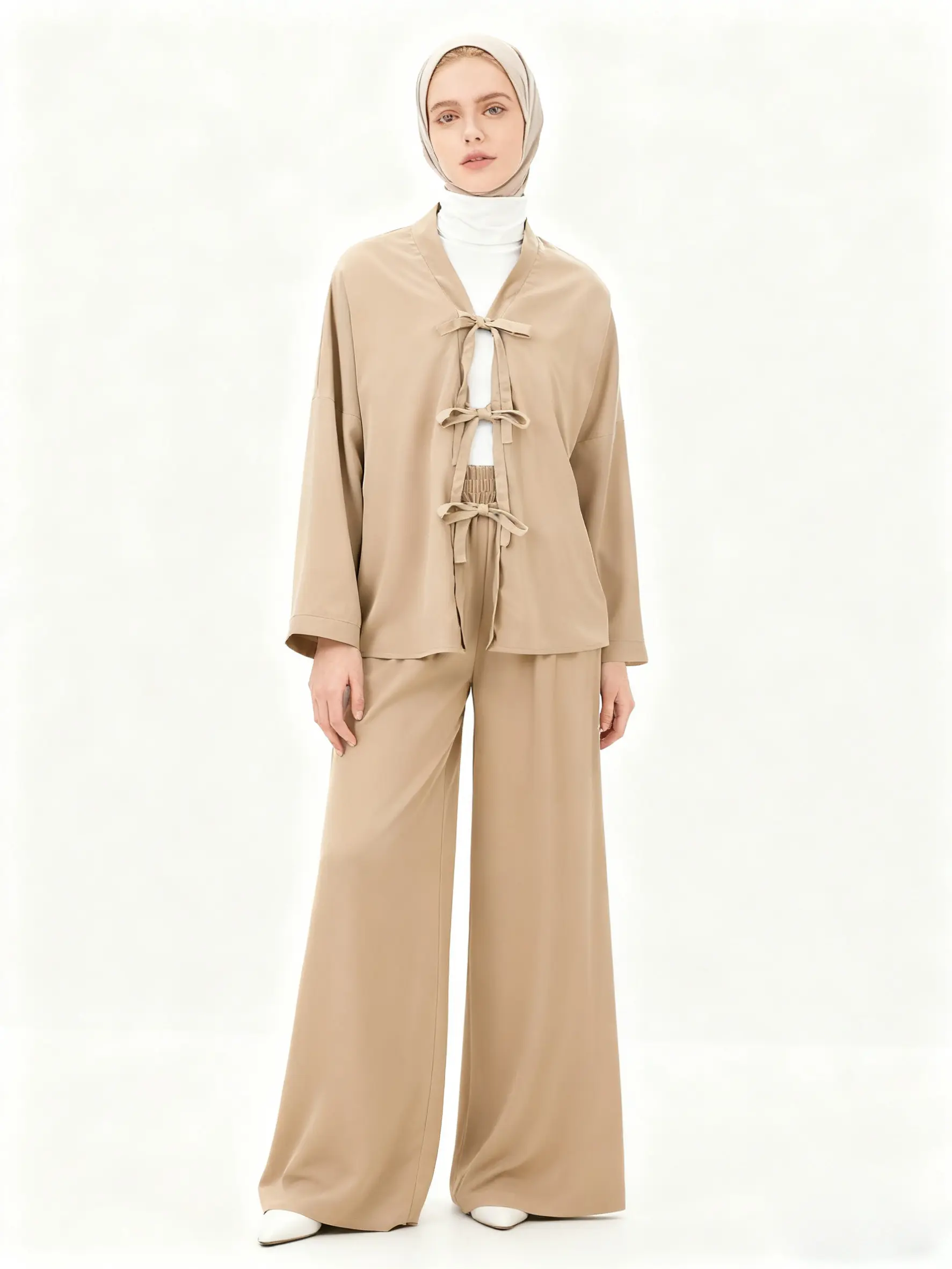 Women's Solid Color Tie Neck Top & Wide Leg Pants Two-piece Set, Casual Drop Shoulder Top & Elastic Waist Trousers 2 Piece Set for Daily Wear, Ladies