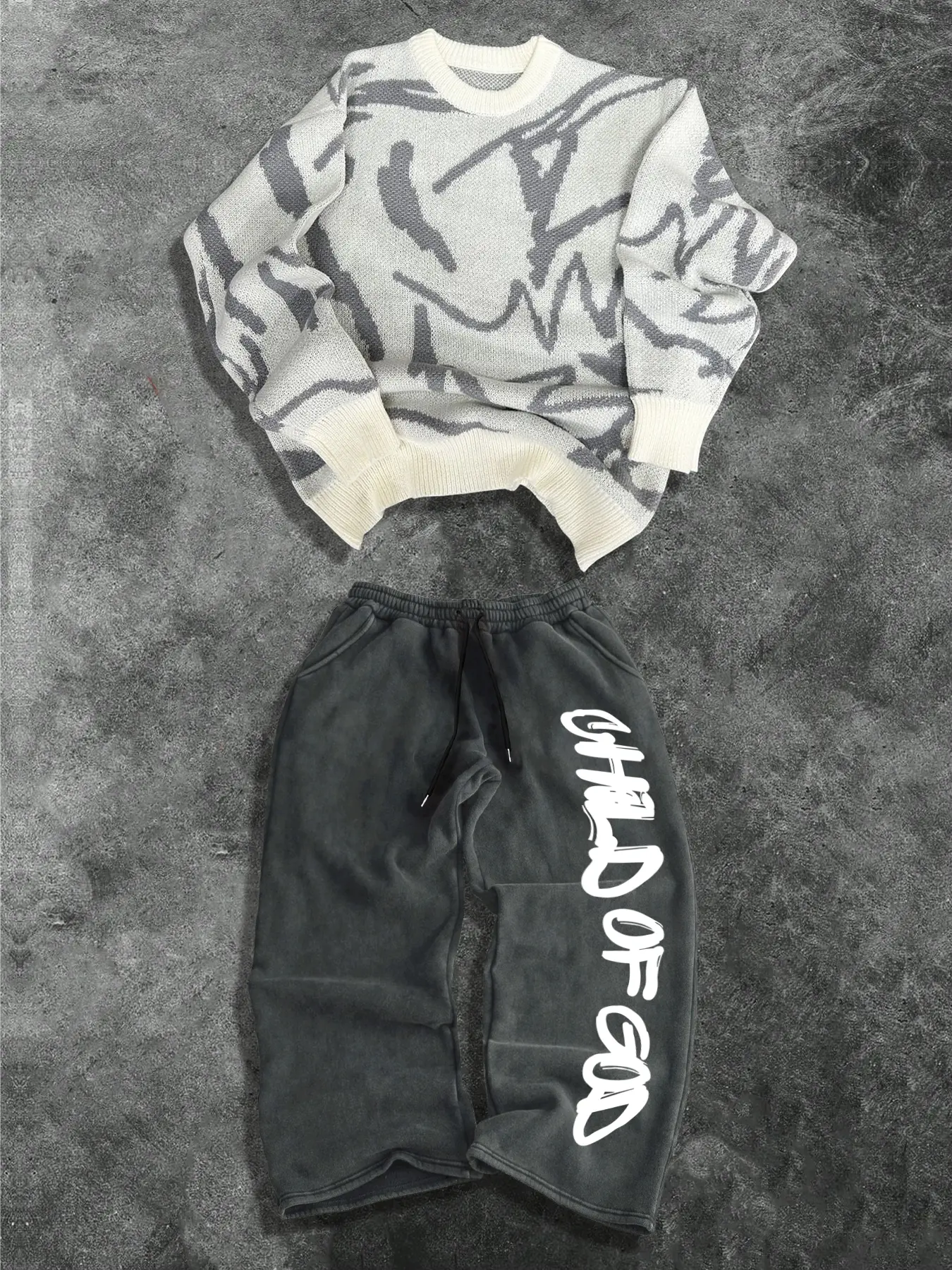 Tikmen Child of God Streetwear Casual Set, Unisex Sweater & Printed Pants Two-Piece, Fall Winter Fashion, American Retro Style
