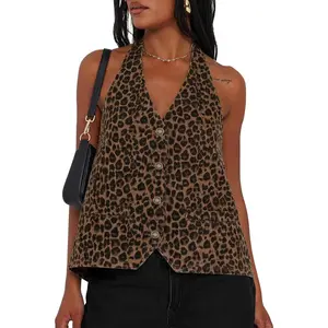 Women's Vintage Cropped Lightweight Halter Denim Vest, Casual Y2K Open Back V-Neck Button-Down Jean Tee, Summer Going-Out Top