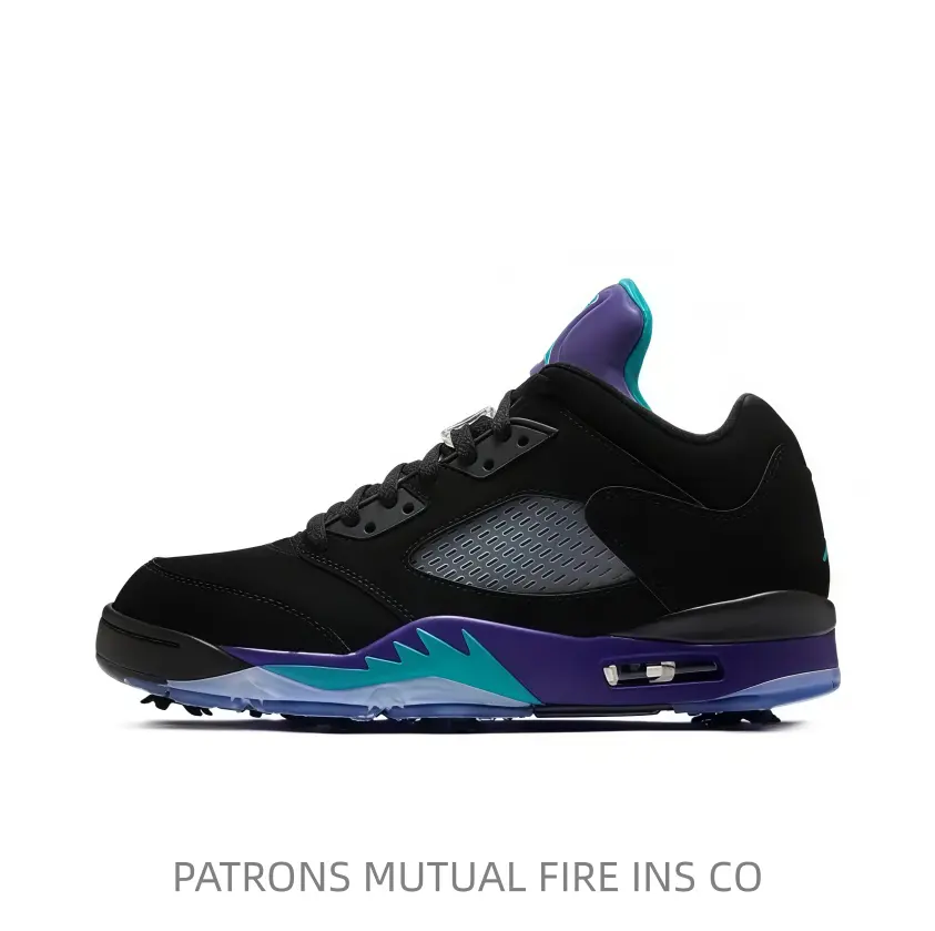 Black suede low-top basketball sneakers with breathable mesh panel. Teal and purple accents plus icy outsole create bold dark streetwear aesthetic.