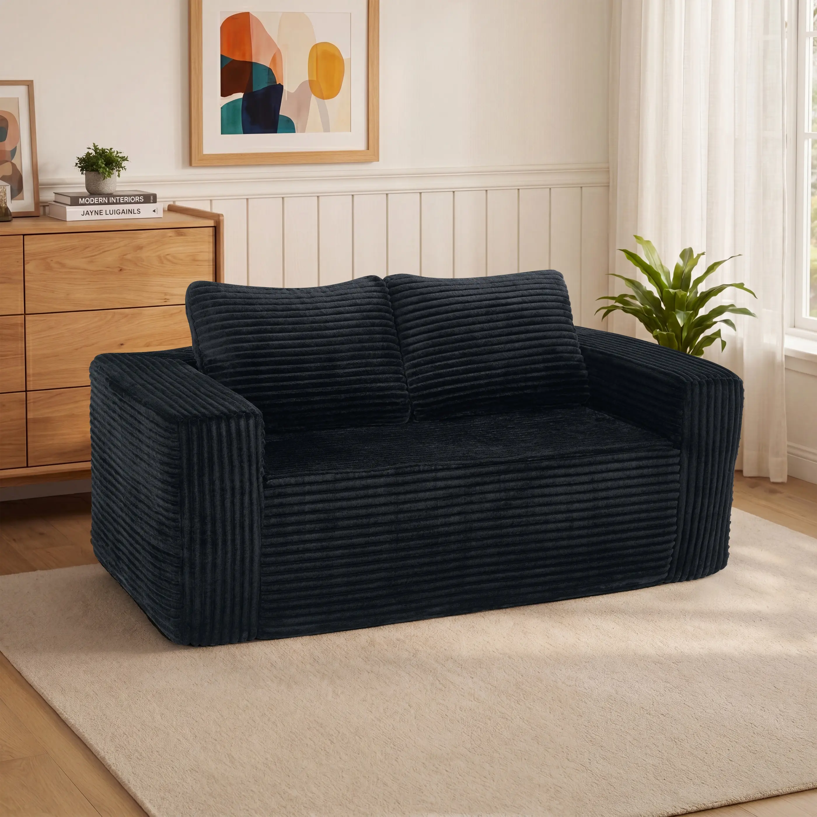 63-Inch Frameless Compressed Loveseat Sofa, Premium Corduroy Fabric, High-Density Sponge Filling, for Bedrooms, Offices, Small Spaces, Black/Dark Gray