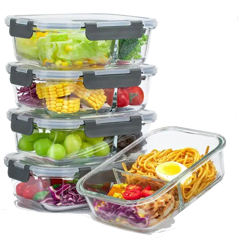 AISOON 5-Pack 36oz 2-Compartment Borosilicate Glass Food Storage Set, Upgraded Snap-Lock Airtight Leak Proof Lids, 752ºf Oven-Safe, Freezer-Compatible, Dishwasher-Safe Glass Saves Time, Stackable Gym Lunch Containers (Silicone Stretch Lids Option)