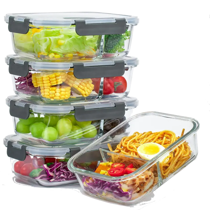 AISOON 5-Pack 36oz 2-Compartment Borosilicate Glass Food Storage Set, Upgraded Snap-Lock Airtight Leak Proof Lids, 752ºf Oven-Safe, Freezer-Compatible, Dishwasher-Safe Glass Saves Time, Stackable Gym Lunch Containers (Silicone Stretch Lids Option)