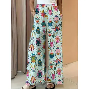 Women’s fully printed wide-leg pants with pockets — casual, fashionable, comfortable for everyday wear; suitable for autumn and winter.