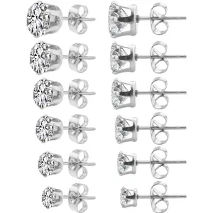 6 Pairs Alloy Womens Stud Earrings Round Clear Cubic Zirconia Inlaid Simulated Diamond Rhinestone Hypoallergenic Pierced Jewelry CZ Studs 0.1 inch-0.3 inch for Unisex Teens and Women