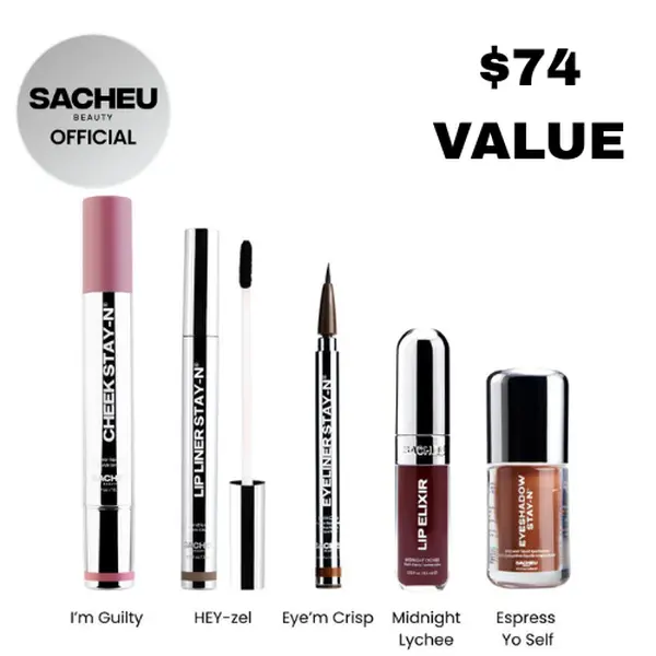 sacheu All Day Glam 5-Piece Makeup Set | Lip Liner, Gloss, Eyeshadow, Eyeliner & Cheek STAY-N Kit | Full Face Long-Wear Makeup Set