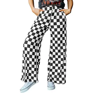 Womens Casual Checkered Pants Elastic Waist Comfy Loose Wide Leg Pants with Pockets