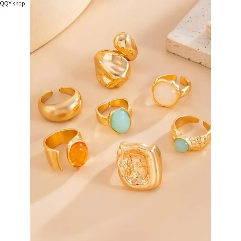 7-Piece Vintage Geometric Zircon Ring Set, Bold Metal Statement Stackable Rings for Women, Trendy Inlaid Crystal Band Jewelry, Stylish Minimalist Accessories for Daily Casual Wear, Party Dating and Holiday Gift Giving