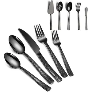 45- Silverware Set with Serving Utensils Set, Black Hammered Stainless Steel Flatware for 8, -Grade Tableware, Including Fork, , Spoon Set,  Kitchen Cutlery, Dishwasher Safe