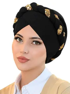 Women's Casual Plain Color Sequined Knotted Headscarf Hat, Crossed Edge Design, Comfortable Daily Wear Accessory, Fashion Hair Scarves