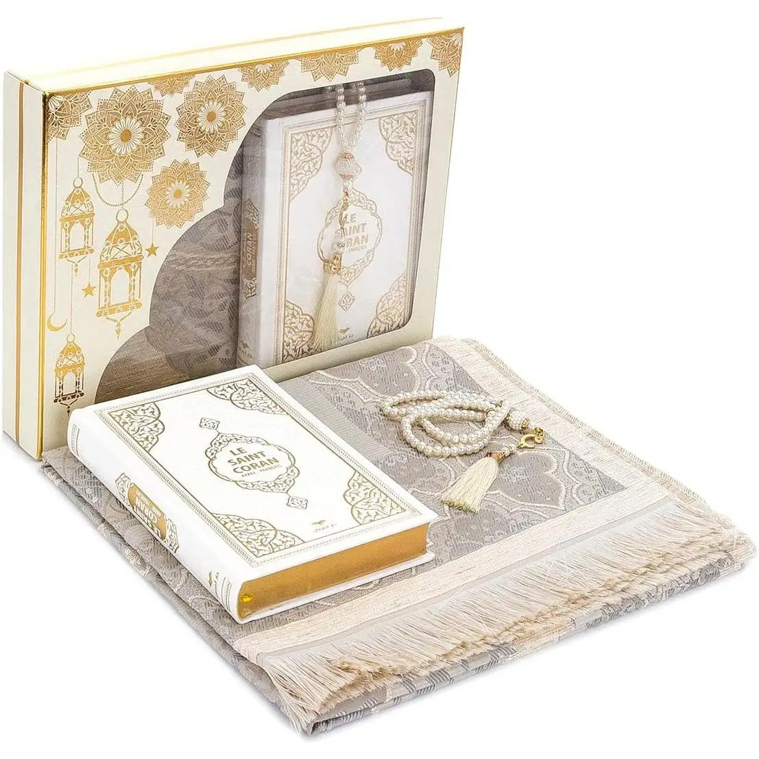 Prayer Gift Box for Hajj and Umrah, Muslim Prayer Rug, Islamic Mat, 99 Pearly Beads Tesbih, Holly Quran with Translation, Islamic Deluxe Set for Rama