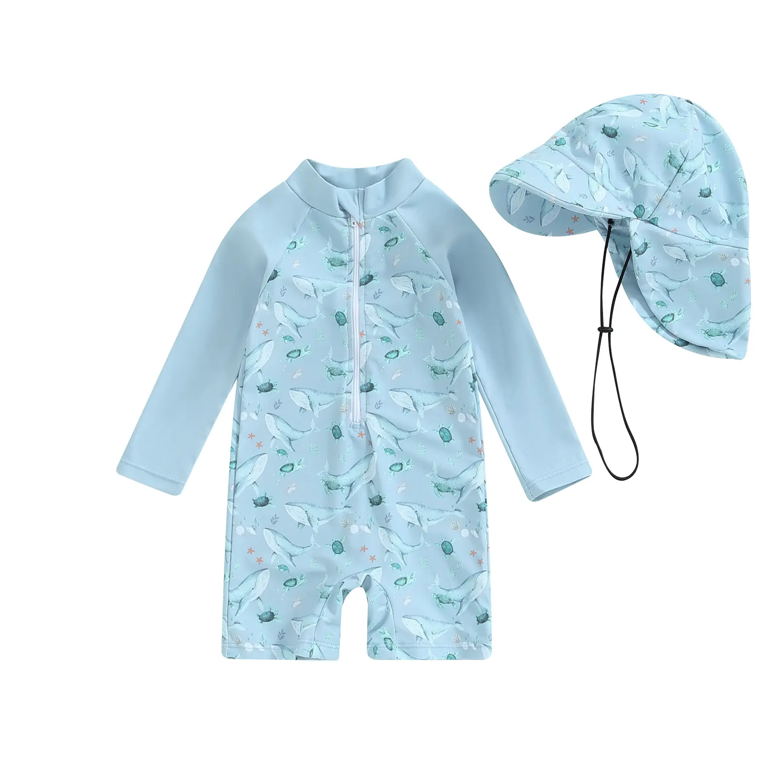 REDWOON Toddler Baby Boy Swimwear Whale Print Bathing Suit Infant Long Sleeve Rash Guard Swimsuit and Sun Hat Beachwear
