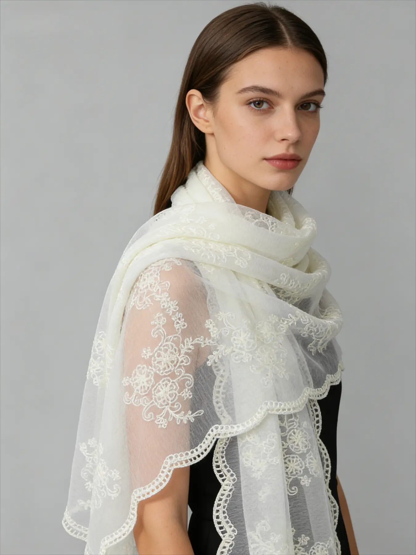 Spring new women's wavy edge embroidered nylon long scarf shawl, solid color women's fashionable versatile headscarf