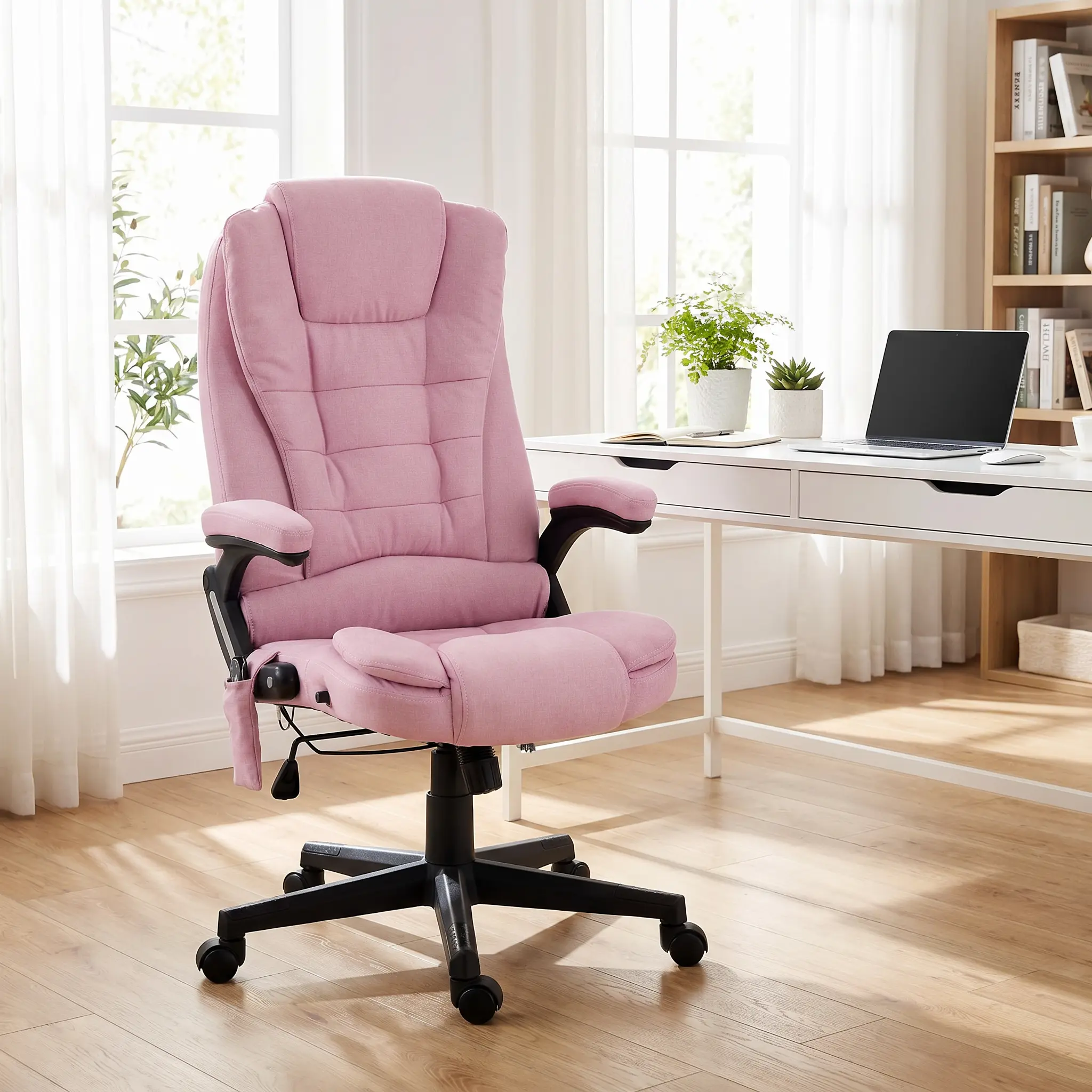 Adults' Linen High Back Executive Office Chair - 6-Point Vibrating Massage, Built-In Heat, Adjustable Reclinable Backrest, Padded Armrests, Remote Control, Pink for Productivity & Stay Comfortable