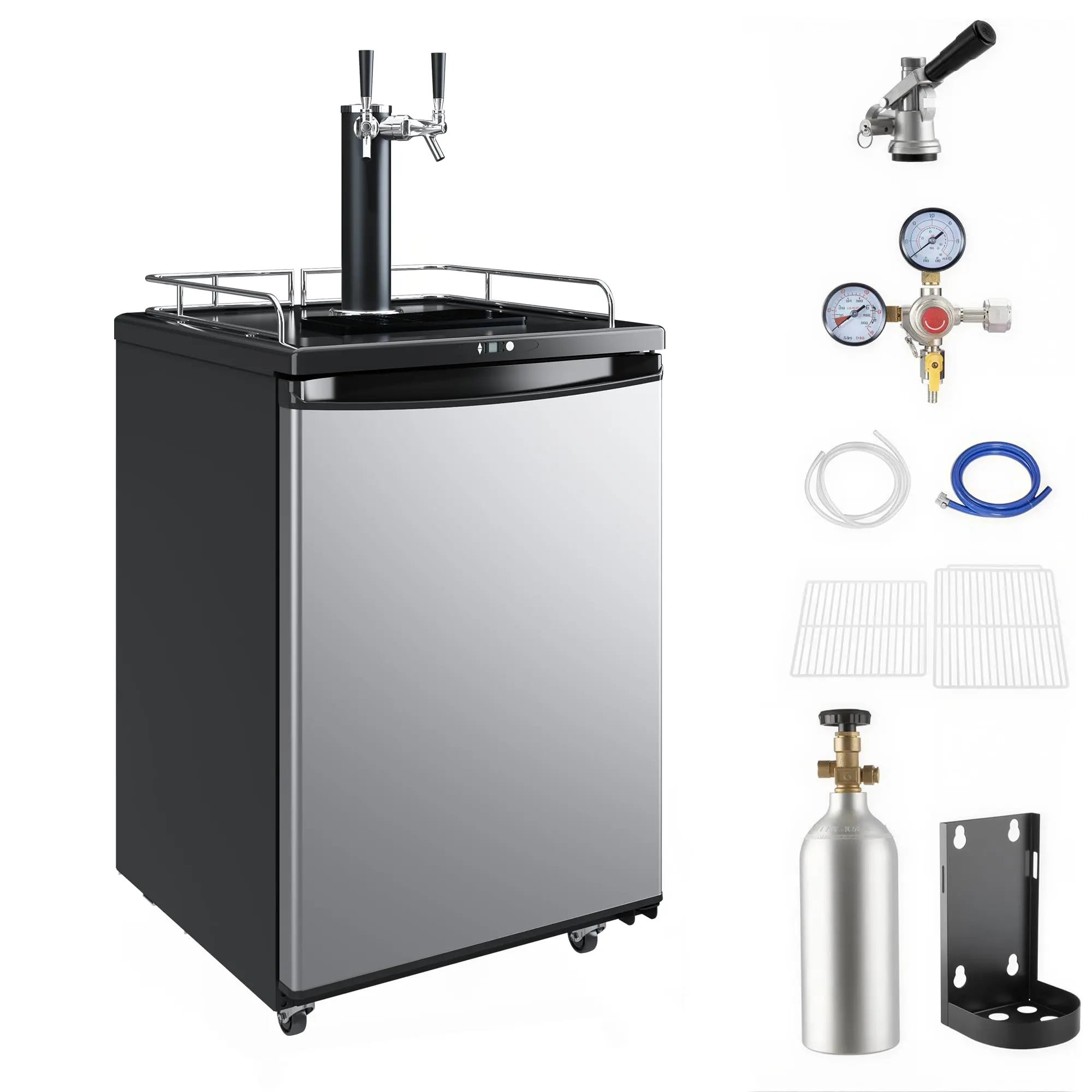 Garvee Dual Tap Kegerator Beer Dispenser 5.8 Cu.Ft (163L) 2-in-1 Draft Beer Keg Refrigerator, Air Cooling System, 32-75.2°F Adjustable Temp, Lockable Casters for Home Bar Indoor Party