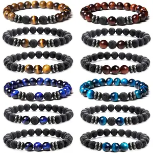 MOZAKA 12Pcs 8mm Natural Stone Lava Rock Beaded Bracelets for Men Women Tiger Eye Hematite Black Onyx Matte Beads Essential Oil Diffuser Lava Stone Bead Bracelets Bulk