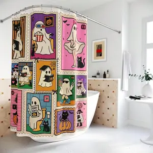 1pc Autumn & Halloween Decorations Shower Curtain Spooky Shower Curtain Unique Bathroom Decor Housewarming Stamp Frame Ghost Reading Pumpkin Cat Coquette Disco Various Styles And Sizes Shower Curtain Included Free Plastic Hooks