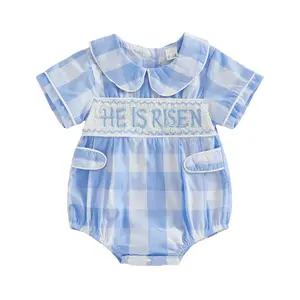 Newborn Baby Boy Easter Outfit Doll Collar Bubble Romper Short Sleeve Jumpsuit Cute Infant Boy Clothes