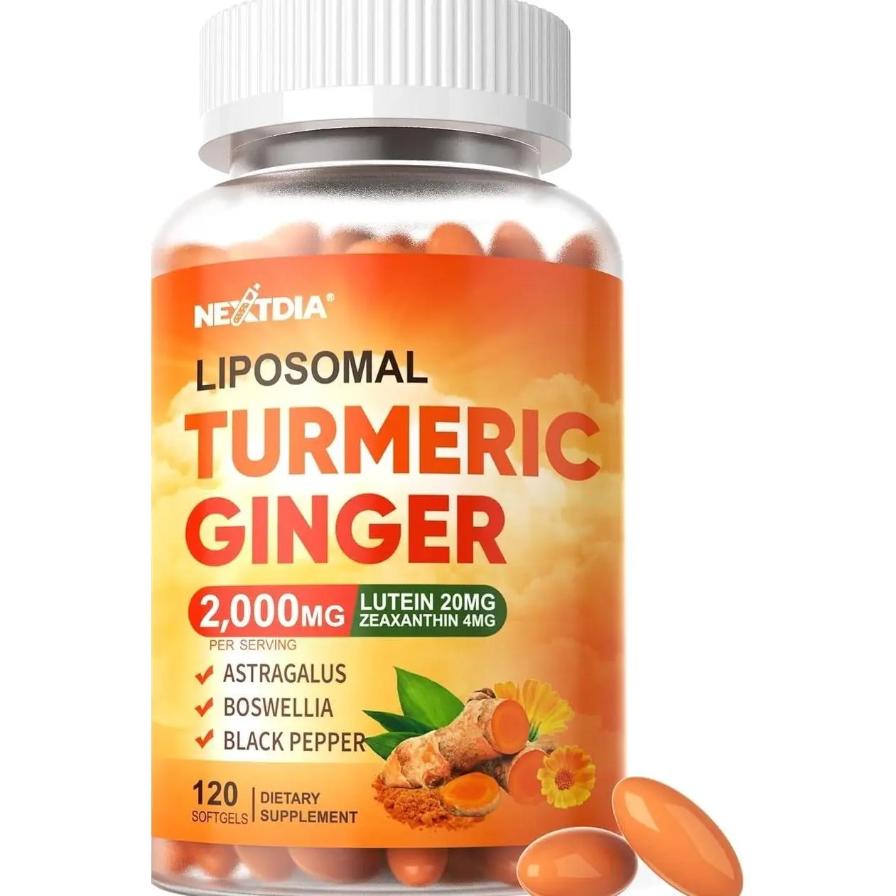 Liposomal Turmeric Curcumin and Ginger Supplement Softgels 2000mg, 95% Curcuminoids, Organic Turmeric Root Extract with Black Pepper for Superior Absorption, Plus Lutein Zeaxanthin, Non-GMO, 120 Pills