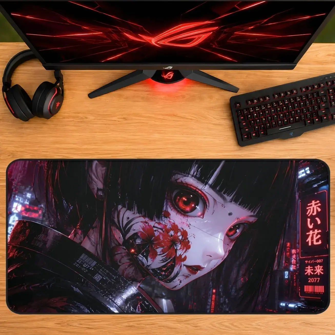 Cyberpunk Geisha Desk Mat XXL | Dark Anime Gaming Mouse Pad | Neo Tokyo 2077 Art