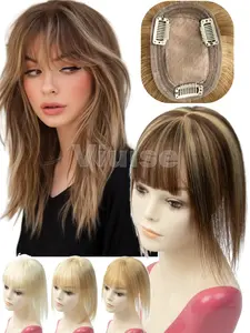 8x12cm Women'S 3D Human Hair Topper with Bangs,Natural Clip-In Hairline Extension, No Glue Needed, Easy Application & Removal,Suitable For Thinning Hair, Bald Spots, Seamless Blend, Secure Clip Attachment,Blonde Hair Toppers,Brown Hair Toppers