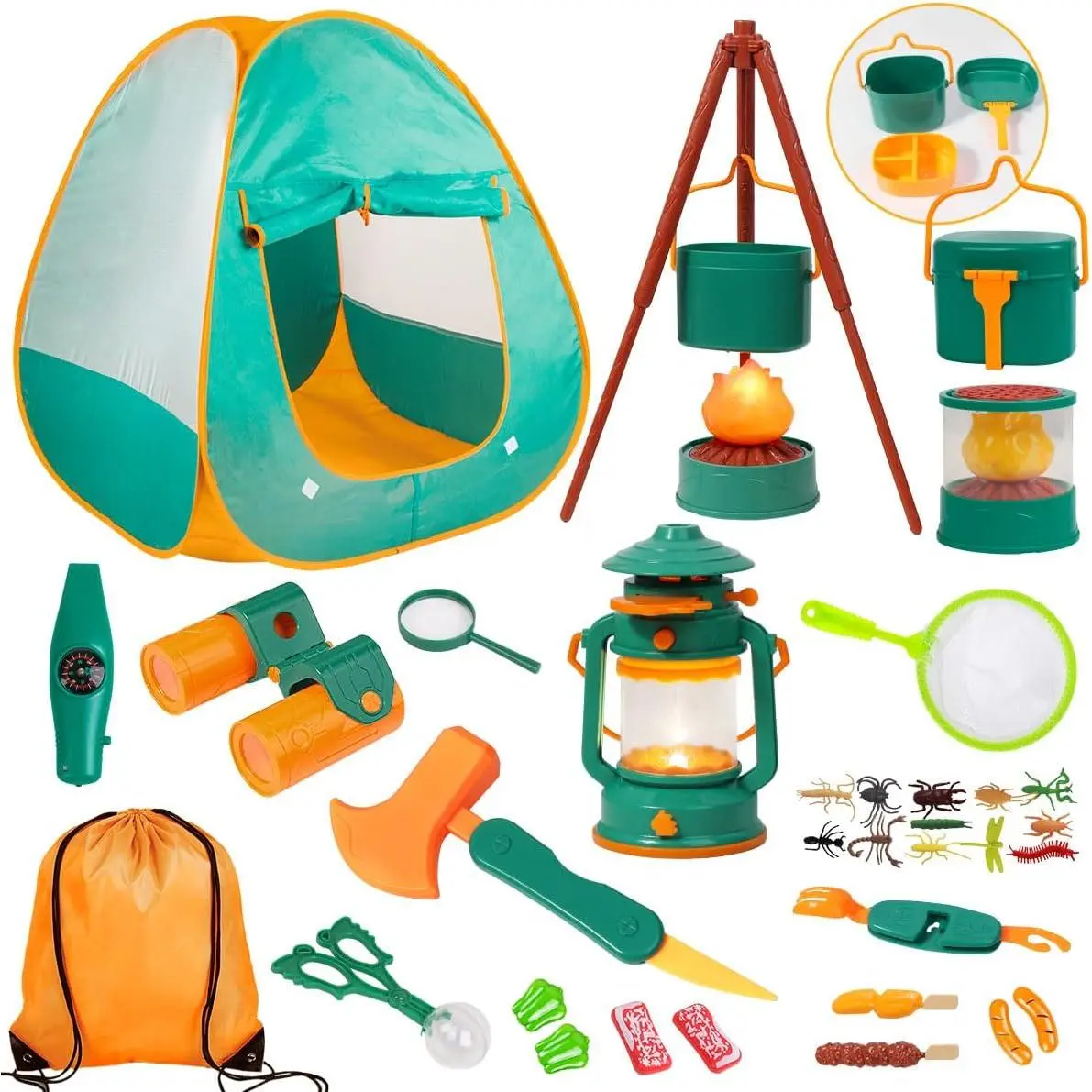 Children's Camping Set with Tent - Toddler Toy for Boys, with Campfire, Suitable for Indoor and Outdoor Role Play, Birthday and Christmas Gift for Boys Aged 3, 4, 5, 6 (Green)