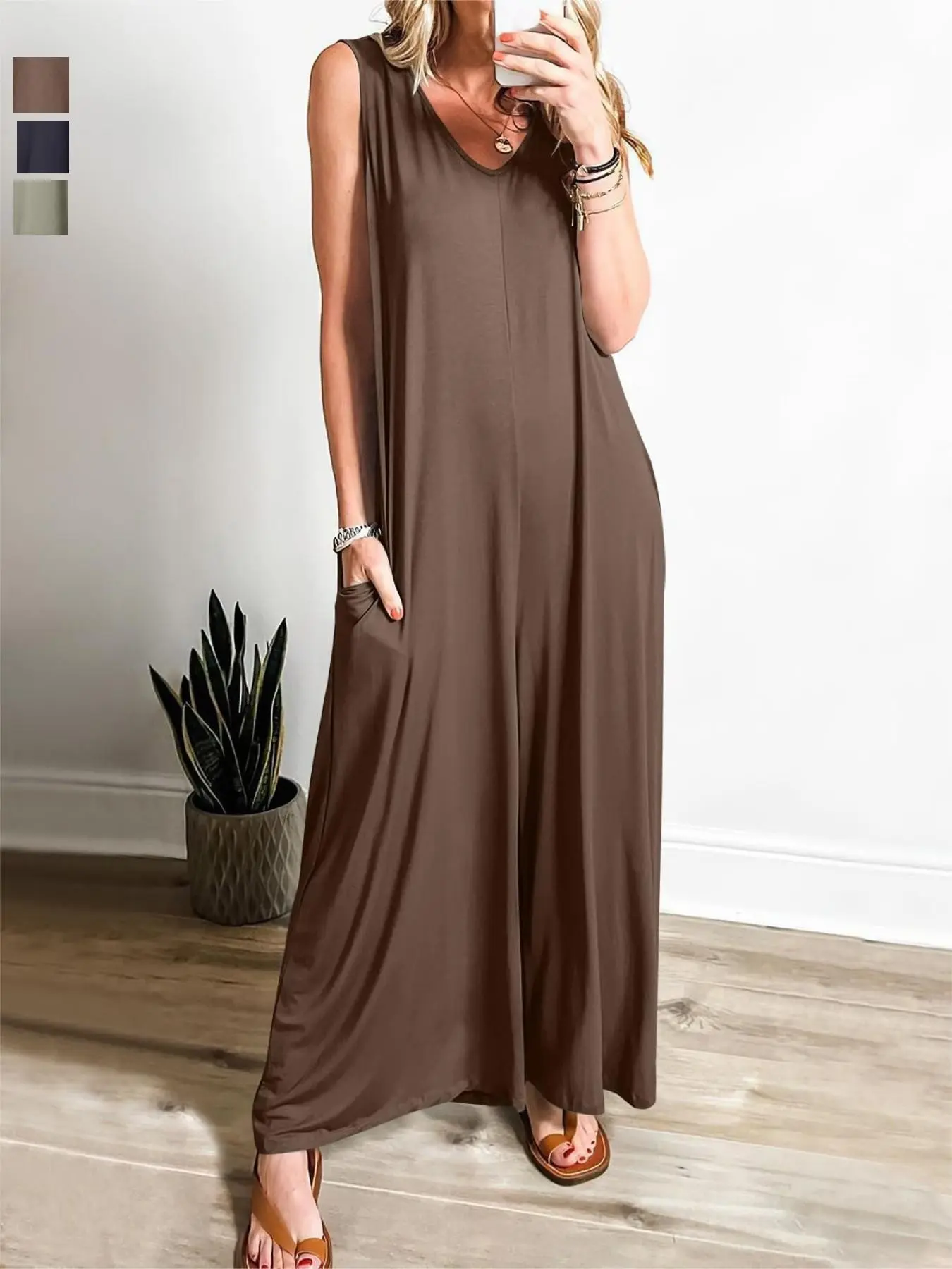 Women's Summer Casual Fashion Sleeveless Loose-Fitting Jumpsuit, Chic Jumpsuits, Chic Romper, Thin Pocket Design, Long Regular Fit, Comfortable Lightweight Outwear, Womenswear