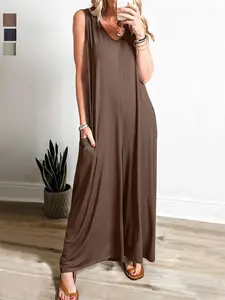 Women's Summer Casual Fashion Sleeveless Loose-Fitting Jumpsuit, Thin Pocket Design, Long Regular Fit, Comfortable Outwear