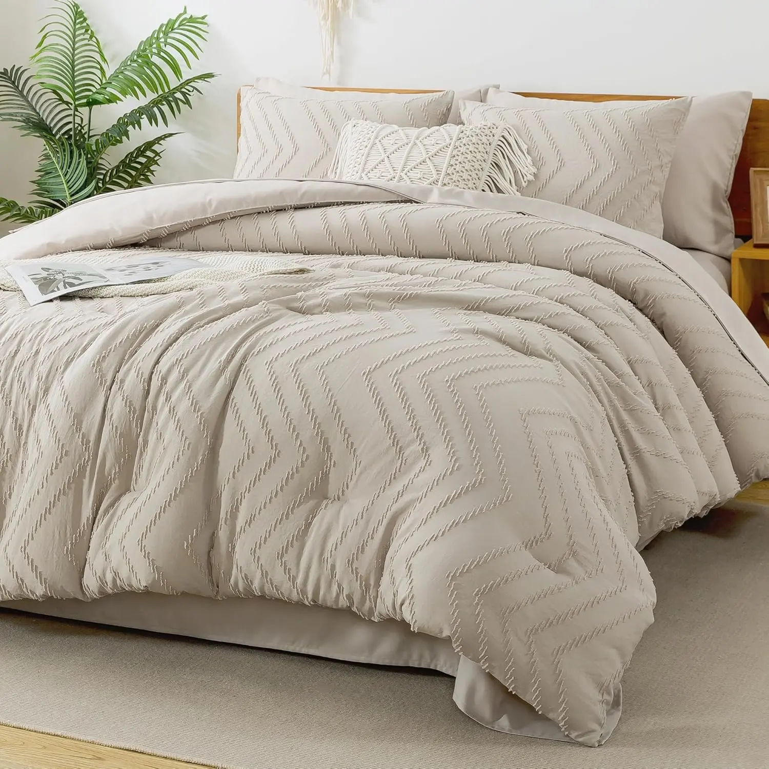 Oversized Alaskan King Boho Tufted Comforter Set - 128x120in, 7-Piece Super King Breathable Microfiber Decorative Bedding Set, Oatmeal, Breathable Duvet Set
