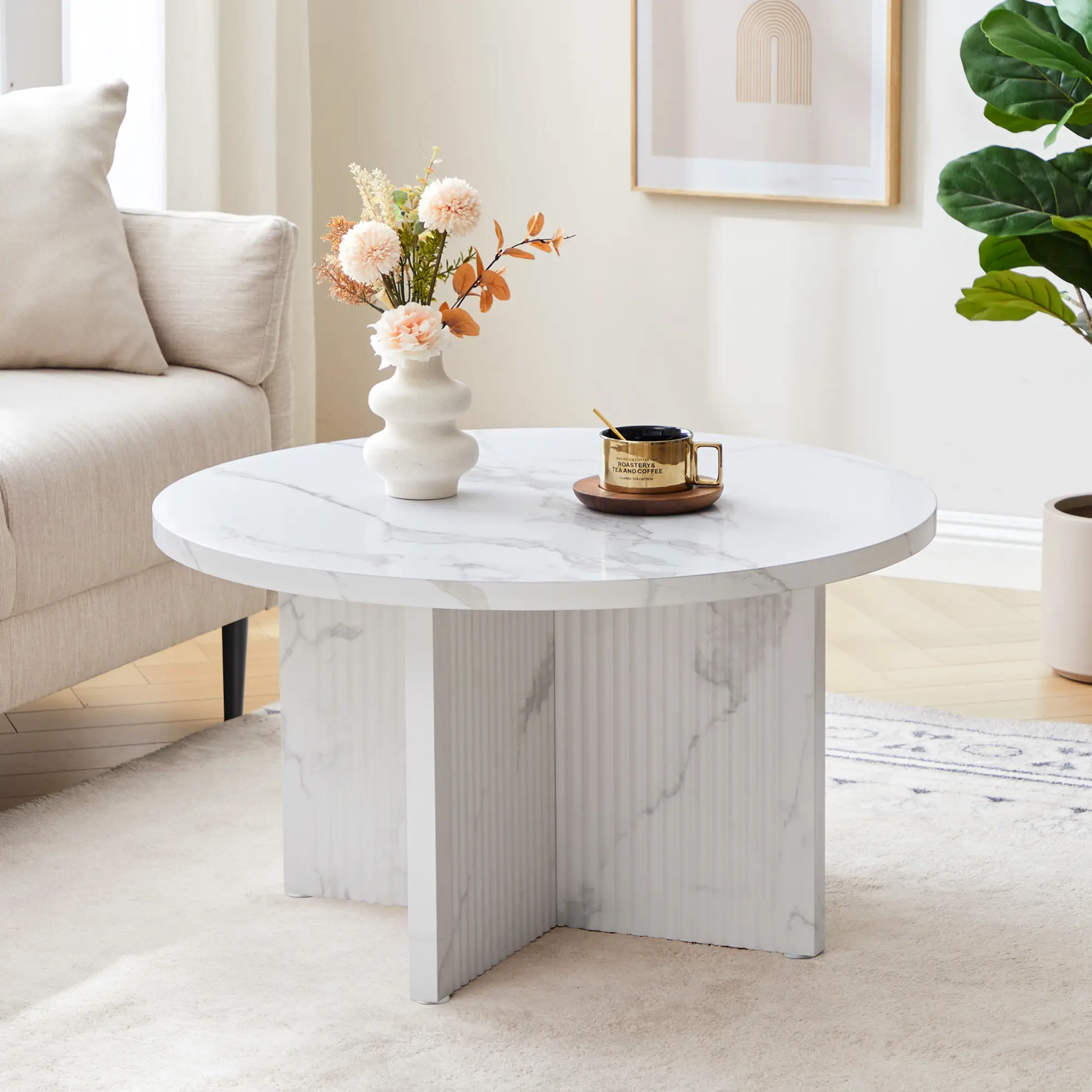Giratree 31.5'' Round Coffee Table with Marble-Look Top, Modern Circular Center Table with Scalloped Fluted Base for Living Room and Apartment