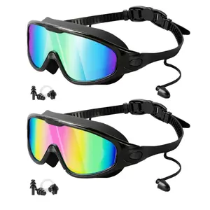 Swimming Goggles, 2 Counts Anti-fog & Anti-UV Swimming Goggles with Earplugs, Clear Vision Pool Goggles, Swimming Accessories for Adults & Teens, Cool Swimming Goggles