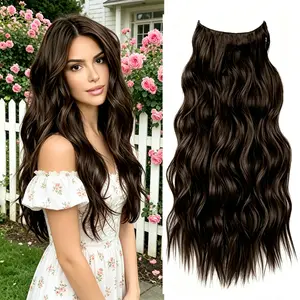 PLODON HAIR 20Inch Invisible Wire Synthetic Halo Hair Extensions Clip-On Long Wavy Hairpiece for Women Black Secure 4 Clips