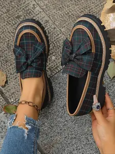 Vintage Color Block Plaid Bow Single Shoes Thick Sole Anti-Slip Slip On Loafers Flats Women