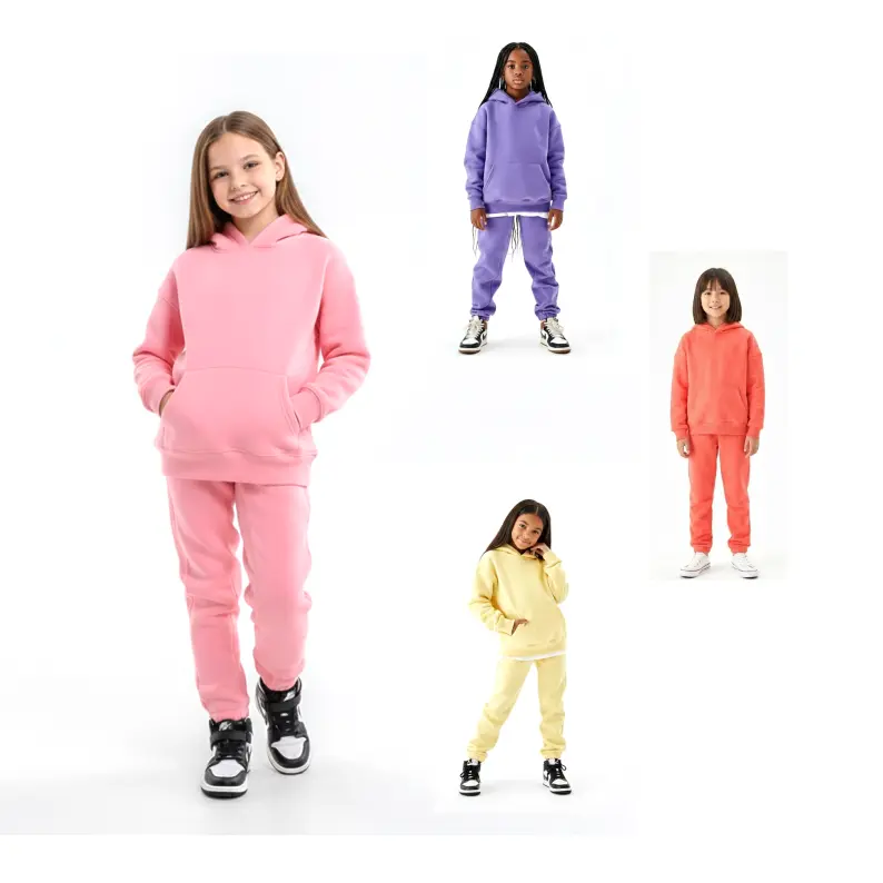 High Level Girls' 2-Piece Polyester Athletic Hoodie & Sweatpants Casual Set - Winter Warm Heavyweight, Available in Blush Pink, Lavender Purple, Pale Yellow, Coral Orange