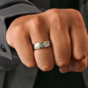 1pc Inlaid Cubic Zirconia Fashion Diagonal Stripe Pattern Men's Rings, Classic Engagement/Wedding Rings, Jewelry Gift For Birthday/Anniversary