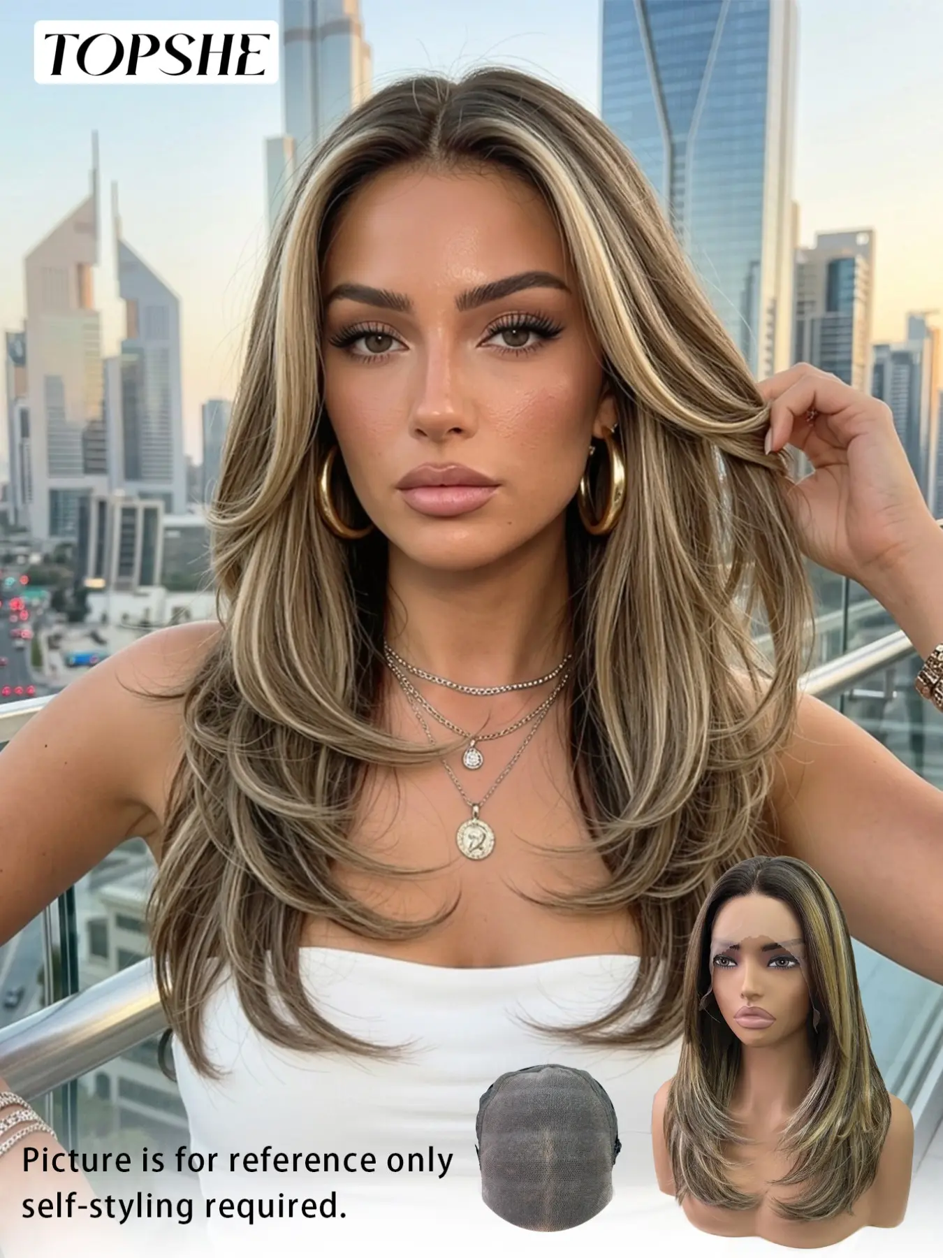 Topshe 13x6 Lace Front Wig, Caramel Gold Highlights, Natural Seamless Lace, Medium Length Straight Hair, High-End Salon Style, Natural Looking Wig, HD Lace Frontal, Lace Straight Wigs