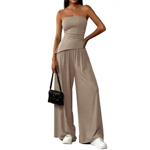 PrettyGarden Asymmetrical Tube Tops and Pants Sets For Women 2-Piece Outfits Beach Vacation Airport Matching Loungewear,Summer SprIng Wardrobe