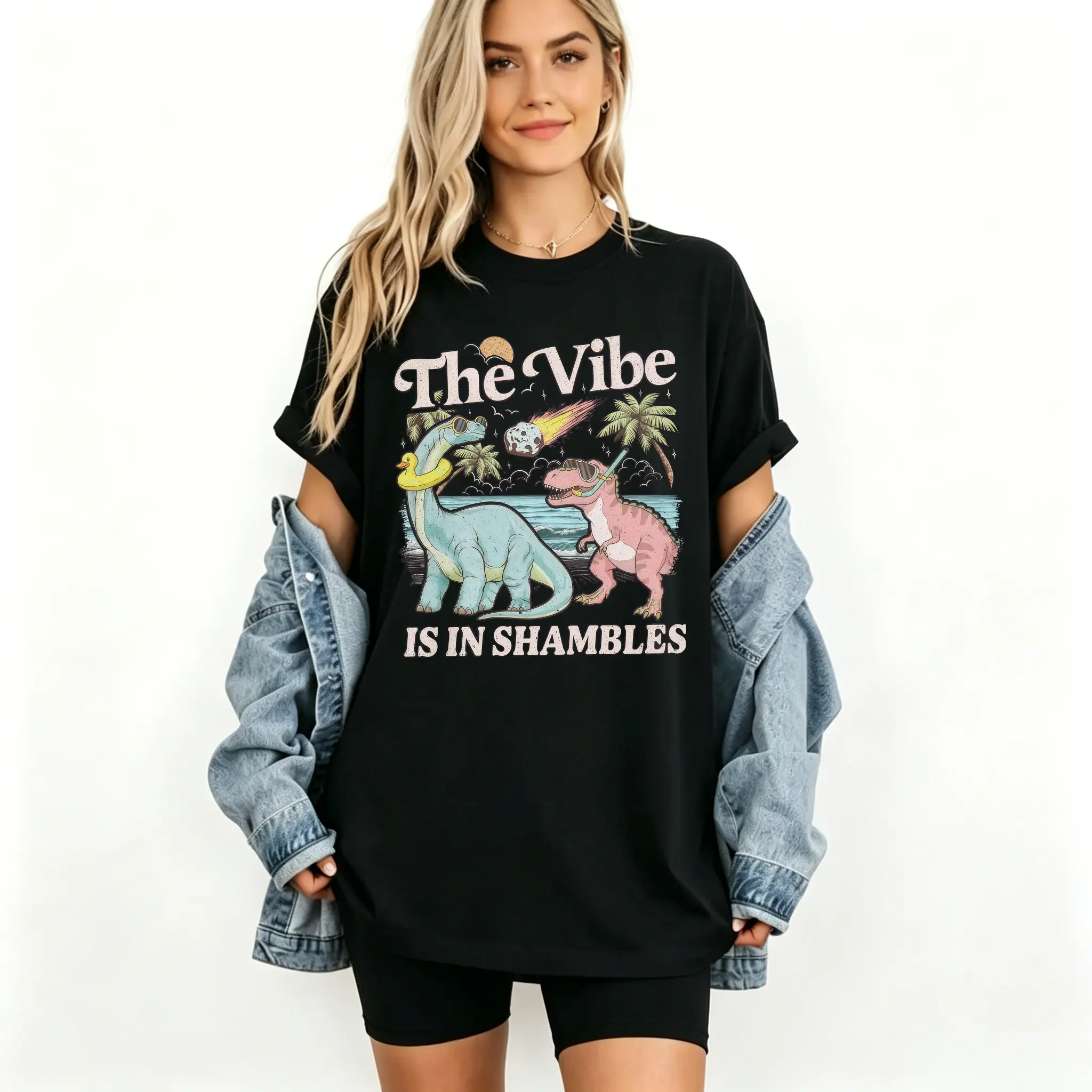 Men's 100% Cotton Funny Graphic T-Shirt - Menswear Top, Round Neck, Seamless Smooth Fabric, Soft Lightweight Casual Tee with "The Vibe Is In Shambles" Dinosaur Print, Foldable, Size M
