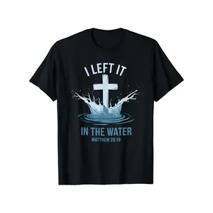 Men's Cotton Christian Baptism T-Shirt - "I Left It in the Water" Matthew 28:19 Cross Design, Casual Crew Neck, Short Sleeve, Black with Blue Print, Lightweight & Breathable for Casual Attire