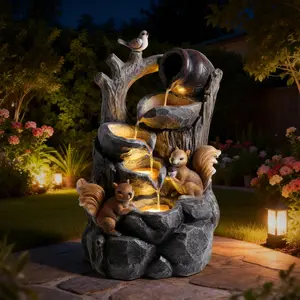 Resin Squirrel Outdoor Water Fountain with Lights, Waterfall Tree Stump, and Pouring Jug – Garden Decor for Patio, Porch