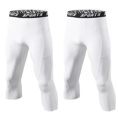2 Pack Compression Pants Men 3/4 Length with Pocket, Quick-Drying & Breathable Athletic Leggings, Gym Workout Sportswear, Gym Base Layer Workout Pants Fitness Leggings for Running Basketball Football