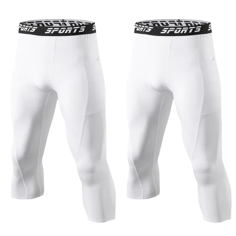 2 Pack Compression Pants Men 3/4 Length with Pocket, Quick-Drying & Breathable Athletic Leggings, Gym Workout Sportswear, Gym Base Layer Workout Pants Fitness Leggings for Running Basketball Football